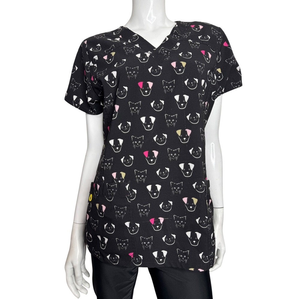 WonderWink Women Black Cat Dog Print V-Neck Scrub Top Medical Uniform Medium